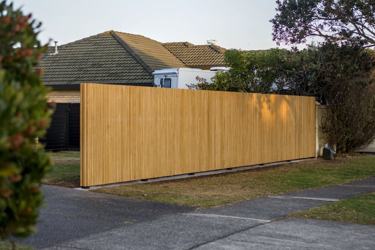 Modern wooden fence with horizontal slats installed along residential driveway in front of house with dark tiled roof
